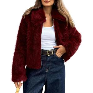 BTFBM Faux Fur Jacket Women Fluffy Winter Cropped Coats Zip Up Fuzzy Jackets Long Sleeve Furry Coat 2025 Fall Clothes(Burgundy)