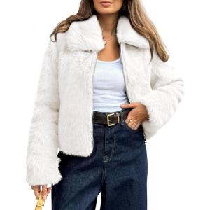 BTFBM Faux Fur Jacket Women Fluffy Winter Cropped Coats Zip Up Fuzzy Jackets Long Sleeve Furry Coat 2025 Fall Clothes(White)