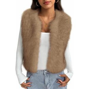 BTFBM Faux Fur Vest Women Fall Fashion 2025 Sleeveless Fuzzy Jacket Fluffy Coats Winter Clothing Furry Outerwear Vests(Khaki)