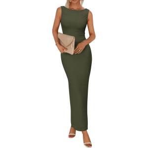 BTFBM Formal Wedding Guest Dresses for Women Summer Fall 2025 Sleeveless Ruched Bodycon Mesh Elegant Maxi Cocktail Dress(Army Green)