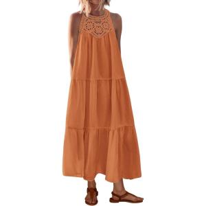 BTFBM Halter Summer Dresses for Women 2026 Casual Spring Hollow Out Sleeveless Boho Sundresses Beach Vacation Maxi Dress(Brown Orange)
