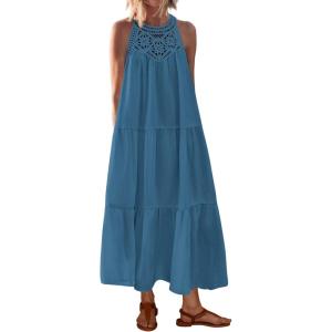 BTFBM Halter Summer Dresses for Women 2026 Casual Spring Hollow Out Sleeveless Boho Sundresses Beach Vacation Maxi Dress(Lake Blue)