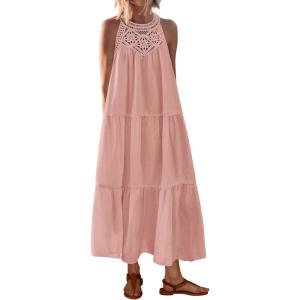 BTFBM Halter Summer Dresses for Women 2026 Casual Spring Hollow Out Sleeveless Boho Sundresses Beach Vacation Maxi Dress(Pink)