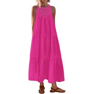 BTFBM Halter Summer Dresses for Women 2026 Casual Spring Hollow Out Sleeveless Boho Sundresses Beach Vacation Maxi Dress(Rose Red)