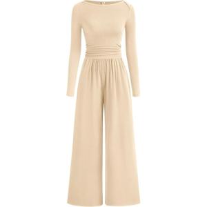 BTFBM Jumpsuits For Women One Piece Outfits Long Sleeve Stretchy Knit Wide Leg Pants Womens Jumpsuit Fall Clothes 2025(Beige)
