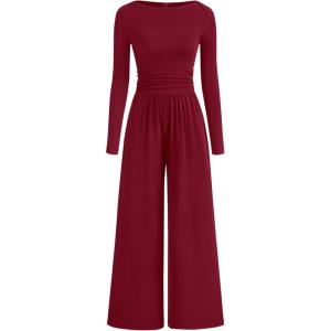 BTFBM Jumpsuits For Women One Piece Outfits Long Sleeve Stretchy Knit Wide Leg Pants Womens Jumpsuit Fall Clothes 2025(Dark Red)