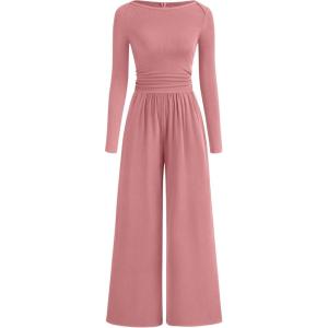 BTFBM Jumpsuits For Women One Piece Outfits Long Sleeve Stretchy Knit Wide Leg Pants Womens Jumpsuit Fall Clothes 2025(Grey Pink)