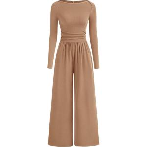 BTFBM Jumpsuits For Women One Piece Outfits Long Sleeve Stretchy Knit Wide Leg Pants Womens Jumpsuit Fall Clothes 2025(Khaki)
