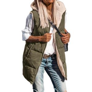 BTFBM Long Puffer Vest Women Fleece Sherpa Jacket Sleeveless Hooded Reversible Zip Up Winter Coat Fall Vests Outerwear(Army Green)
