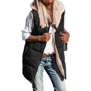 BTFBM Long Puffer Vest Women Fleece Sherpa Jacket Sleeveless Hooded Reversible Zip Up Winter Coat Fall Vests Outerwear(Black)