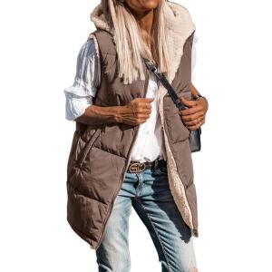 BTFBM Long Puffer Vest Women Fleece Sherpa Jacket Sleeveless Hooded Reversible Zip Up Winter Coat Fall Vests Outerwear(Coffee)
