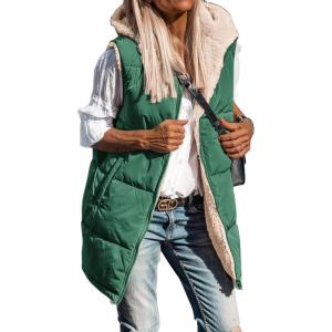 BTFBM Long Puffer Vest Women Fleece Sherpa Jacket Sleeveless Hooded Reversible Zip Up Winter Coat Fall Vests Outerwear(Dark Green)