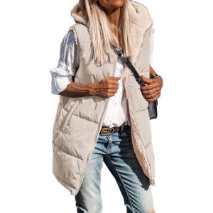 BTFBM Long Puffer Vest Women Fleece Sherpa Jacket Sleeveless Hooded Reversible Zip Up Winter Coat Fall Vests Outerwear(Light Khaki)