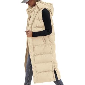 BTFBM Long Puffer Vest Women Quilted Hooded Button Down Zip Up Sleeveless Vests Outerwear Padded Jacket Fall Winter Coat(Apricot)