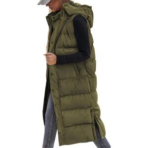 BTFBM Long Puffer Vest Women Quilted Hooded Button Down Zip Up Sleeveless Vests Outerwear Padded Jacket Fall Winter Coat(Army Green)