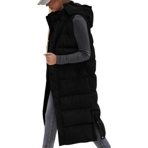 BTFBM Long Puffer Vest Women Quilted Hooded Button Down Zip Up Sleeveless Vests Outerwear Padded Jacket Fall Winter Coat(Black)