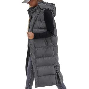 BTFBM Long Puffer Vest Women Quilted Hooded Button Down Zip Up Sleeveless Vests Outerwear Padded Jacket Fall Winter Coat(Dark Grey)