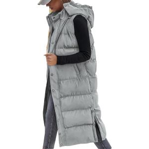 BTFBM Long Puffer Vest Women Quilted Hooded Button Down Zip Up Sleeveless Vests Outerwear Padded Jacket Fall Winter Coat(Grey)
