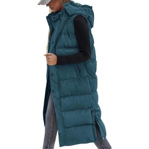 BTFBM Long Puffer Vest Women Quilted Hooded Button Down Zip Up Sleeveless Vests Outerwear Padded Jacket Fall Winter Coat(Grey Blue)
