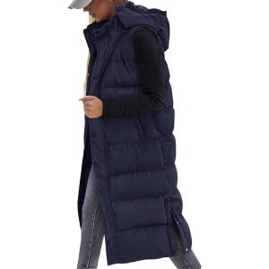 BTFBM Long Puffer Vest Women Quilted Hooded Button Down Zip Up Sleeveless Vests Outerwear Padded Jacket Fall Winter Coat(Navy)