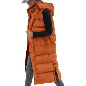 BTFBM Long Puffer Vest Women Quilted Hooded Button Down Zip Up Sleeveless Vests Outerwear Padded Jacket Fall Winter Coat(Orange)