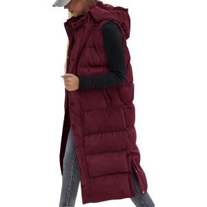 BTFBM Long Puffer Vest Women Quilted Hooded Button Down Zip Up Sleeveless Vests Outerwear Padded Jacket Fall Winter Coat(Wine Red)