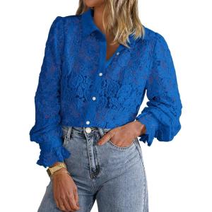 BTFBM Long Sleeve Lace Blouses for Women 2025 Spring Dressy Casual Button Down Shirts Date Night Outfit Club Party Tops(Blue)