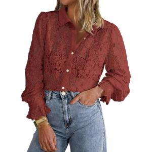 BTFBM Long Sleeve Lace Blouses for Women 2025 Spring Dressy Casual Button Down Shirts Date Night Outfit Club Party Tops(Brown Red)