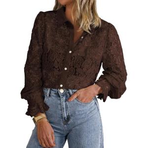 BTFBM Long Sleeve Lace Blouses for Women 2025 Spring Dressy Casual Button Down Shirts Date Night Outfit Club Party Tops(Coffee)