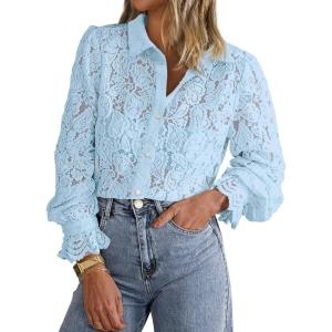 BTFBM Long Sleeve Lace Blouses for Women 2025 Spring Dressy Casual Button Down Shirts Date Night Outfit Club Party Tops(Light Blue)