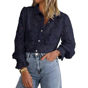 BTFBM Long Sleeve Lace Blouses for Women 2025 Spring Dressy Casual Button Down Shirts Date Night Outfit Club Party Tops(Navy)