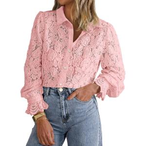 BTFBM Long Sleeve Lace Blouses for Women 2025 Spring Dressy Casual Button Down Shirts Date Night Outfit Club Party Tops(Pink)