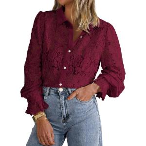 BTFBM Long Sleeve Lace Blouses for Women 2025 Spring Dressy Casual Button Down Shirts Date Night Outfit Club Party Tops(Wine Red)