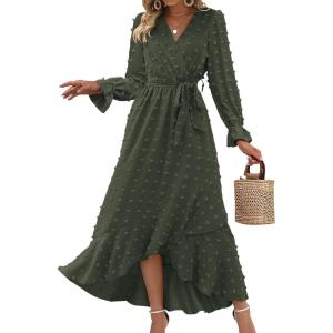 BTFBM Long Sleeve Maxi Dresses for Women Swiss Dot Boho Flowy Slit Cocktail Wedding Guest Dress Spring Clothes 2026(Army Green)
