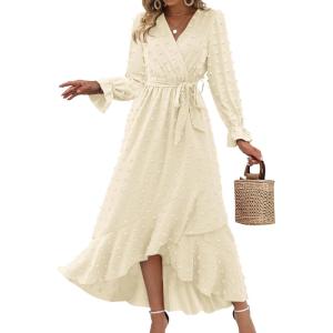 BTFBM Long Sleeve Maxi Dresses for Women Swiss Dot Boho Flowy Slit Cocktail Wedding Guest Dress Spring Clothes 2026(Beige)