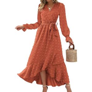 BTFBM Long Sleeve Maxi Dresses for Women Swiss Dot Boho Flowy Slit Cocktail Wedding Guest Dress Spring Clothes 2026(Orange)