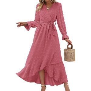 BTFBM Long Sleeve Maxi Dresses for Women Swiss Dot Boho Flowy Slit Cocktail Wedding Guest Dress Spring Clothes 2026(Pink)