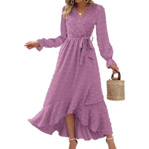 BTFBM Long Sleeve Maxi Dresses for Women Swiss Dot Boho Flowy Slit Cocktail Wedding Guest Dress Spring Clothes 2026(Purple)
