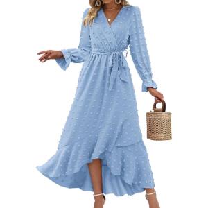 BTFBM Long Sleeve Maxi Dresses for Women Swiss Dot Boho Flowy Slit Cocktail Wedding Guest Dress Spring Clothes 2026(Sky Blue)