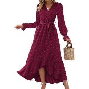 BTFBM Long Sleeve Maxi Dresses for Women Swiss Dot Boho Flowy Slit Cocktail Wedding Guest Dress Spring Clothes 2026(Wine Red)