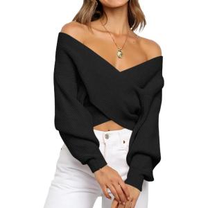 BTFBM Off The Shoulder Sweater for Women Winter Fall Fashion 2025 V Neck Long Sleeve Ribbed Knit Wrap Cropped Sweaters(Black)