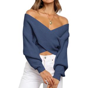BTFBM Off The Shoulder Sweater for Women Winter Fall Fashion 2025 V Neck Long Sleeve Ribbed Knit Wrap Cropped Sweaters(Blue Grey)