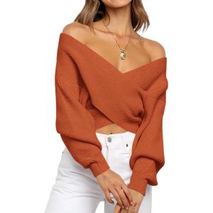 BTFBM Off The Shoulder Sweater for Women Winter Fall Fashion 2025 V Neck Long Sleeve Ribbed Knit Wrap Cropped Sweaters(Brown)