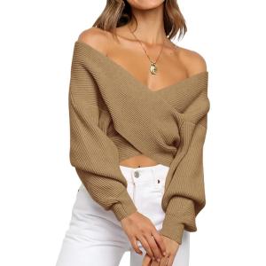 BTFBM Off The Shoulder Sweater for Women Winter Fall Fashion 2025 V Neck Long Sleeve Ribbed Knit Wrap Cropped Sweaters(Camel)