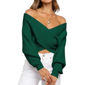 BTFBM Off The Shoulder Sweater for Women Winter Fall Fashion 2025 V Neck Long Sleeve Ribbed Knit Wrap Cropped Sweaters(Dark Green)