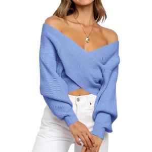BTFBM Off The Shoulder Sweater for Women Winter Fall Fashion 2025 V Neck Long Sleeve Ribbed Knit Wrap Cropped Sweaters(Sky Blue)