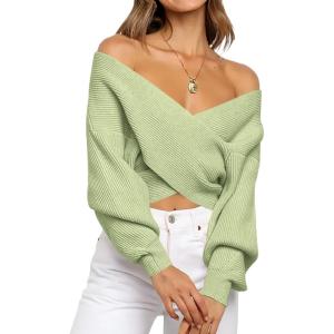 BTFBM Off The Shoulder Sweater for Women Winter Fall Fashion 2025 V Neck Long Sleeve Ribbed Knit Wrap Cropped Sweaters(Solid Light Green)