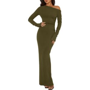 BTFBM One Shoulder Long Sleeve Dress for Women 2025 Bodycon Ruched Night Out Formal Maxi Fall Wedding Guest Dresses(Army Green)