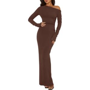 BTFBM One Shoulder Long Sleeve Dress for Women 2025 Bodycon Ruched Night Out Formal Maxi Fall Wedding Guest Dresses(Brown)
