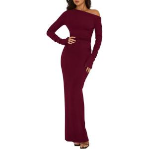 BTFBM One Shoulder Long Sleeve Dress for Women 2025 Bodycon Ruched Night Out Formal Maxi Fall Wedding Guest Dresses(Burgundy)